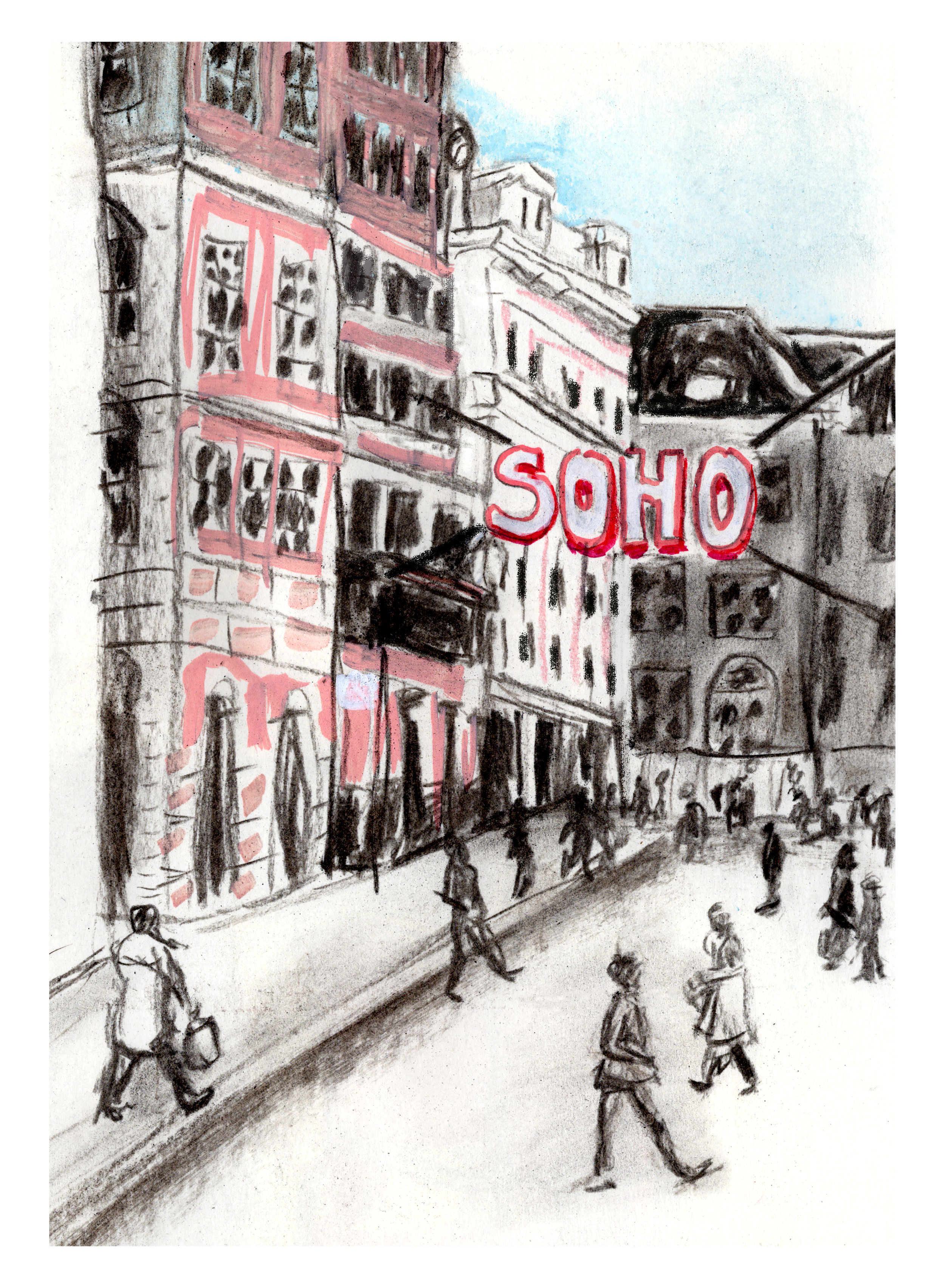 Soho, London street view with pedestrians