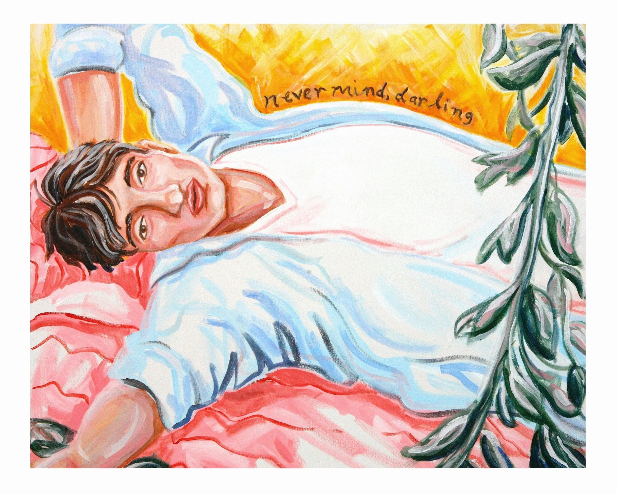 Never Mind Darling painting by Seb Black showing man lying down in bed with vines