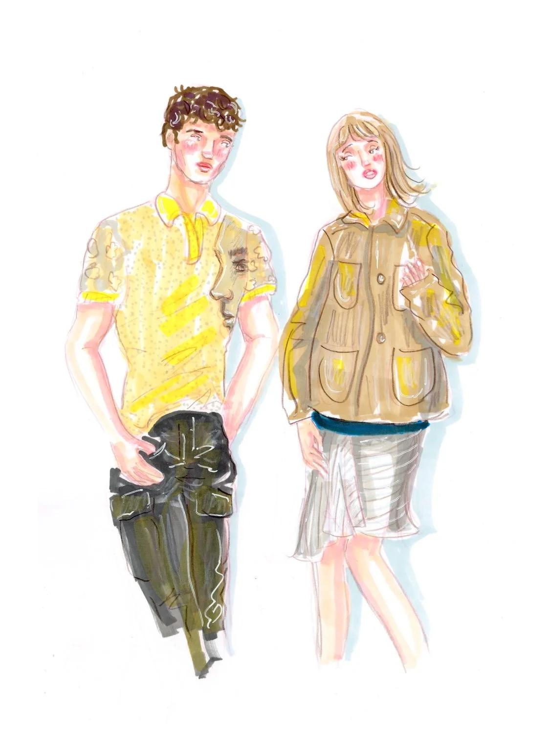 Vancouver fashion illustration of a man and woman in JW Anderson Spring 2027 looks, with a man in a yellow shirt and dark khaki trousers and a woman in a khaki jacket and striped skirt by Seb Black