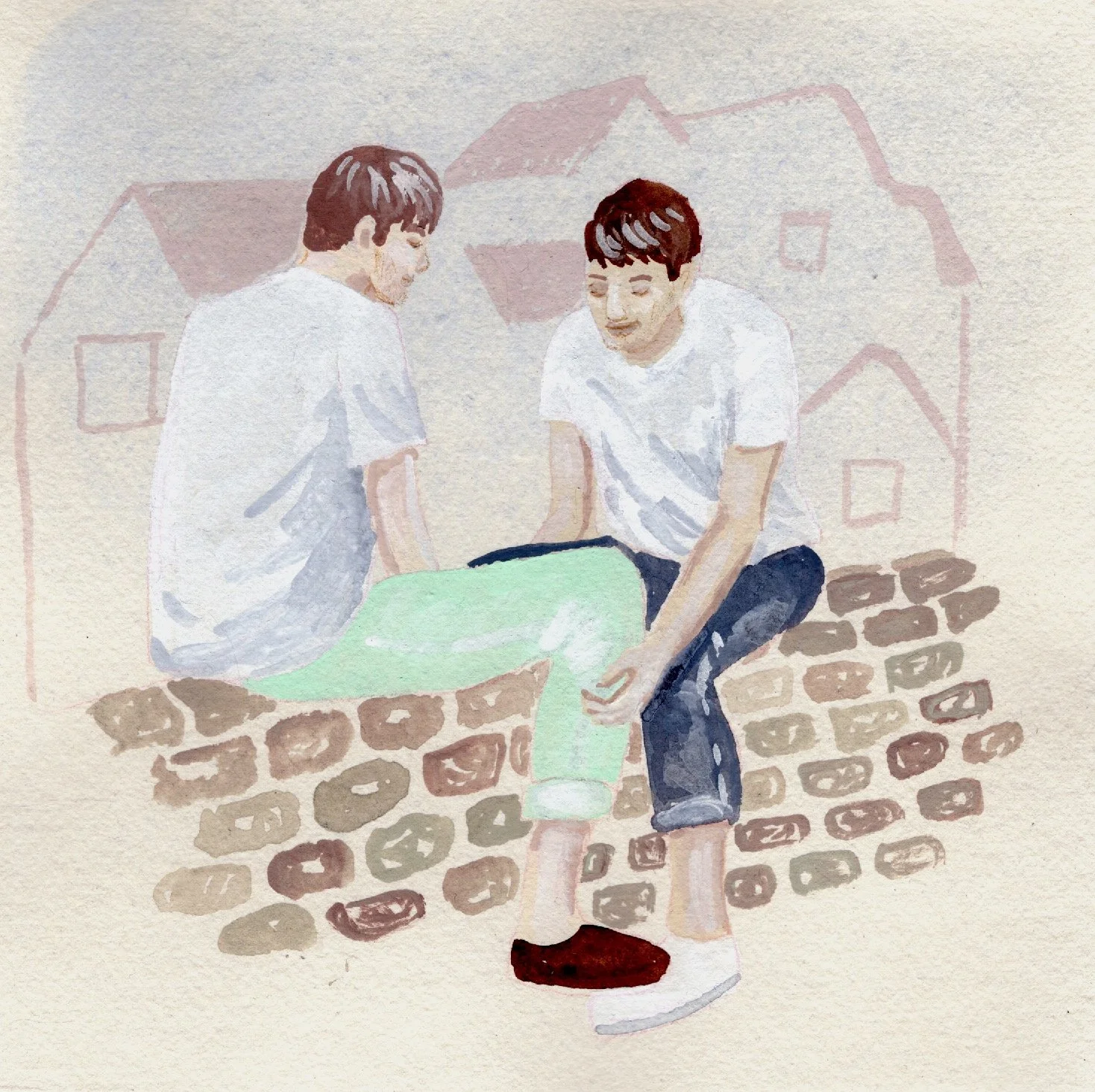 Seb Black illustration showing two young queer men sitting on fence