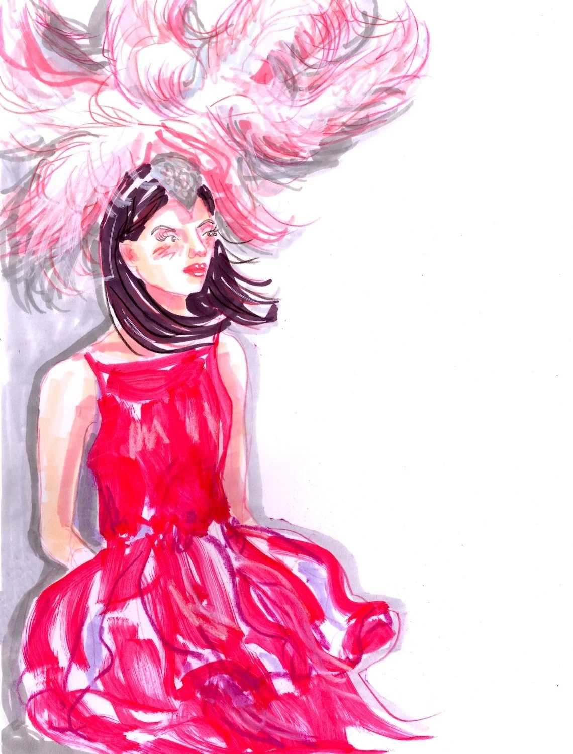 Marques Almeida Spring 2025 RTW woman in red dress with feather headdress in mixed media by Seb Black