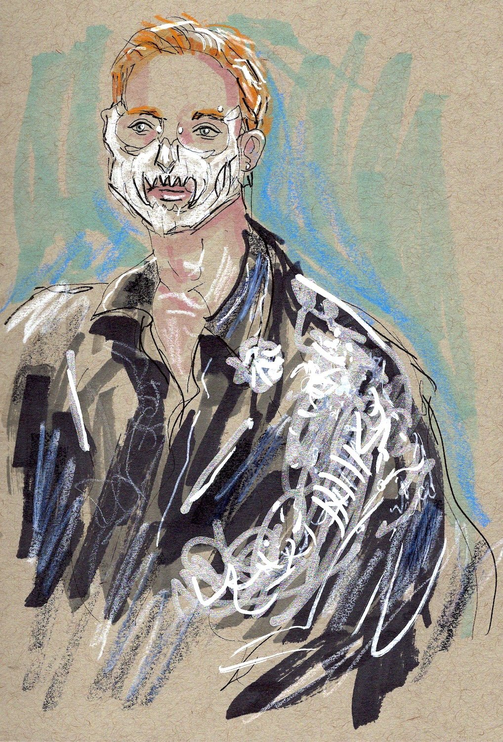 Avant garde fashion illustration showing a red headed man wearing a black shirt and animal mask at Vancouver Fashion Week by Seb Black