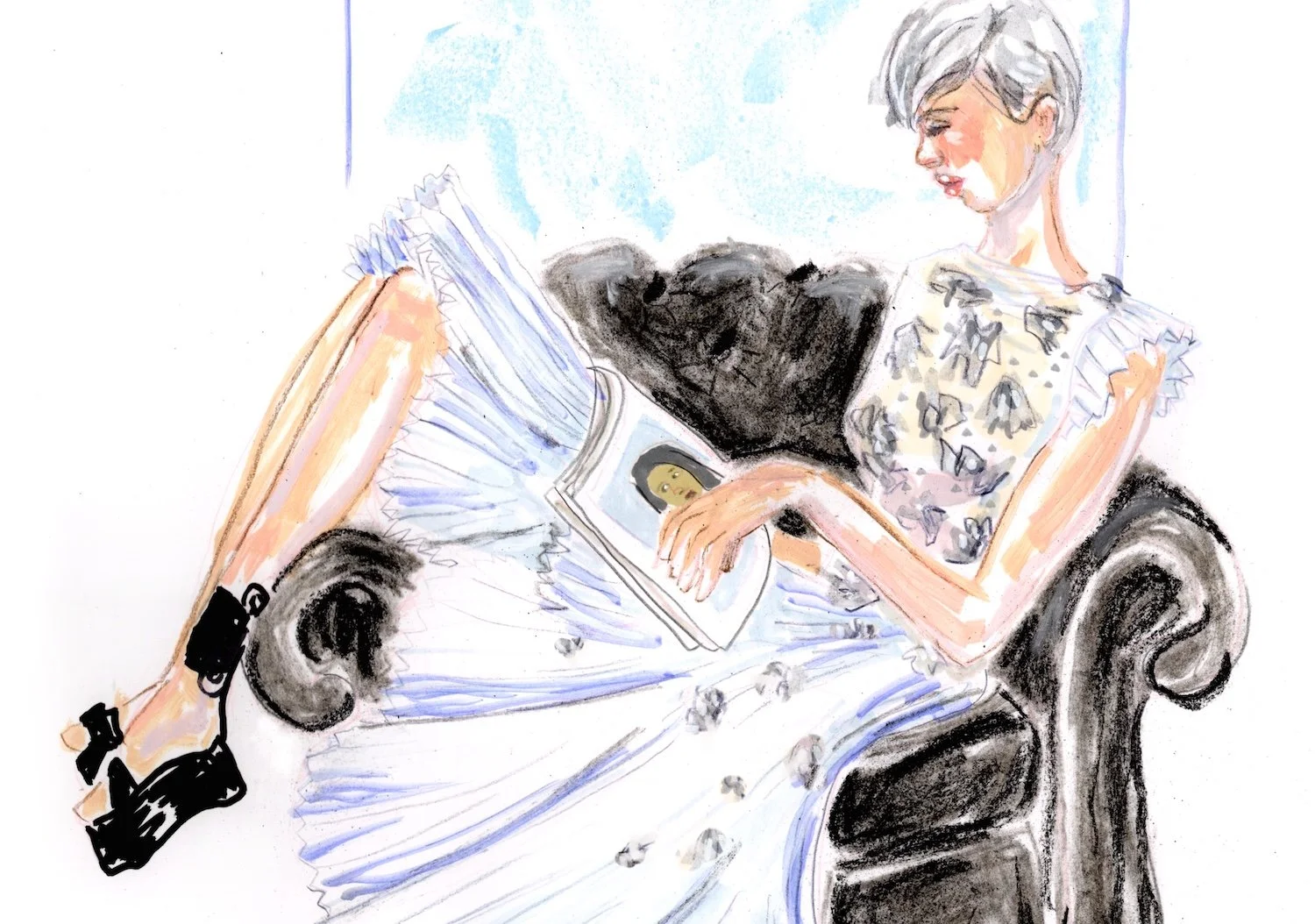 fashion illustration of a woman with silver hair in an Alexander McQueen gown  on a sofa by Seb Black