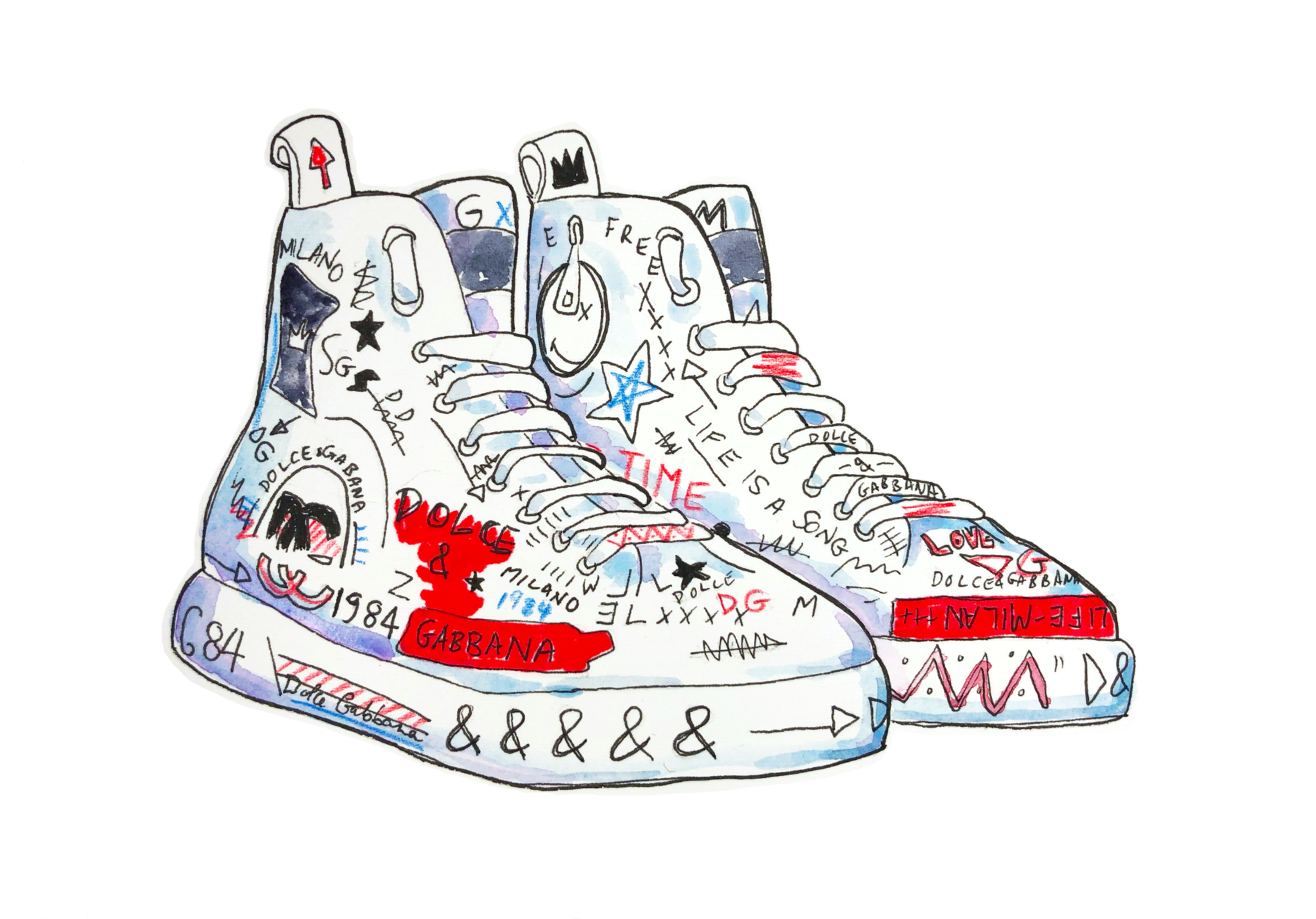 fashion illustration graffiti sneakers with doodles and sketches Dolce & Gabbana by Seb Black