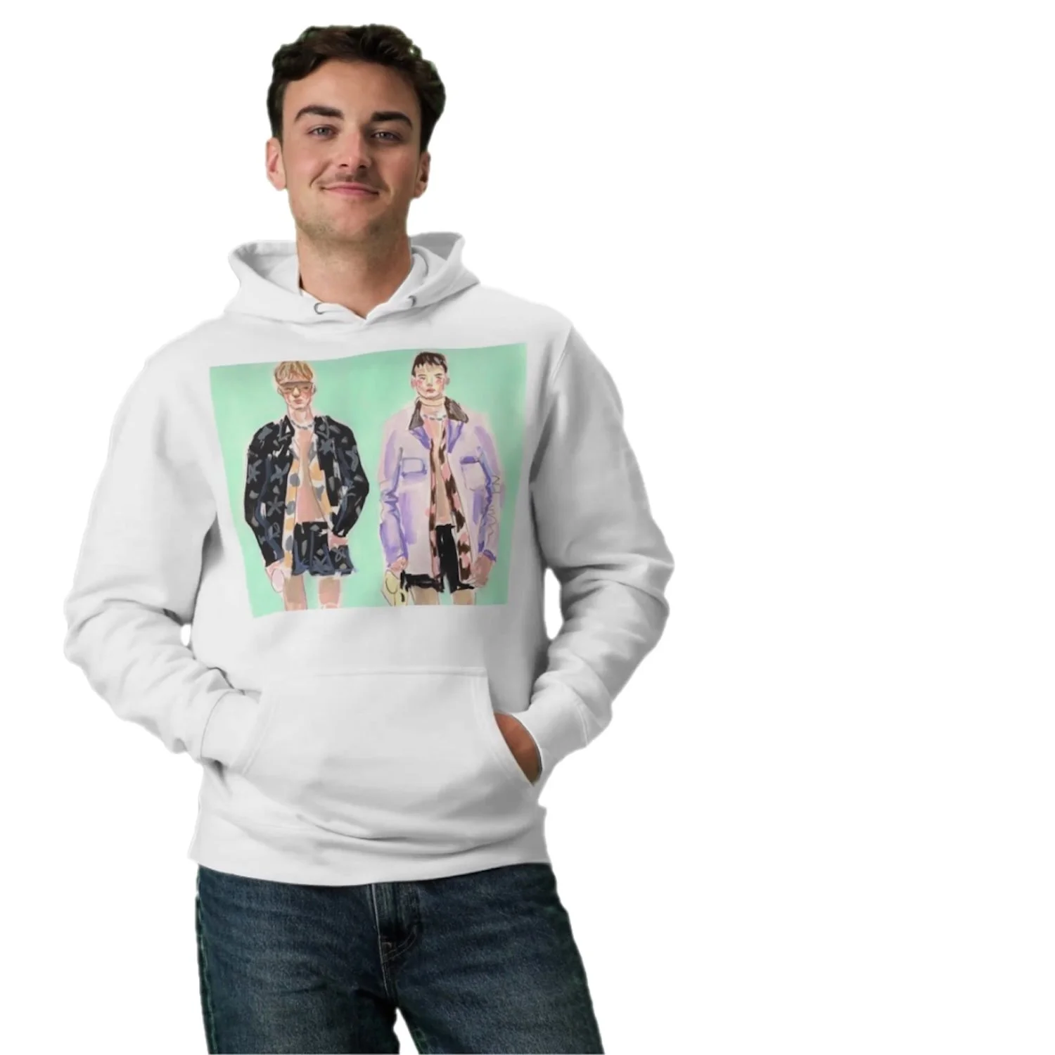 Seb Black example of luxury brand collaboration with a man wearing a hoodie with illustration of two men on a fashion runway