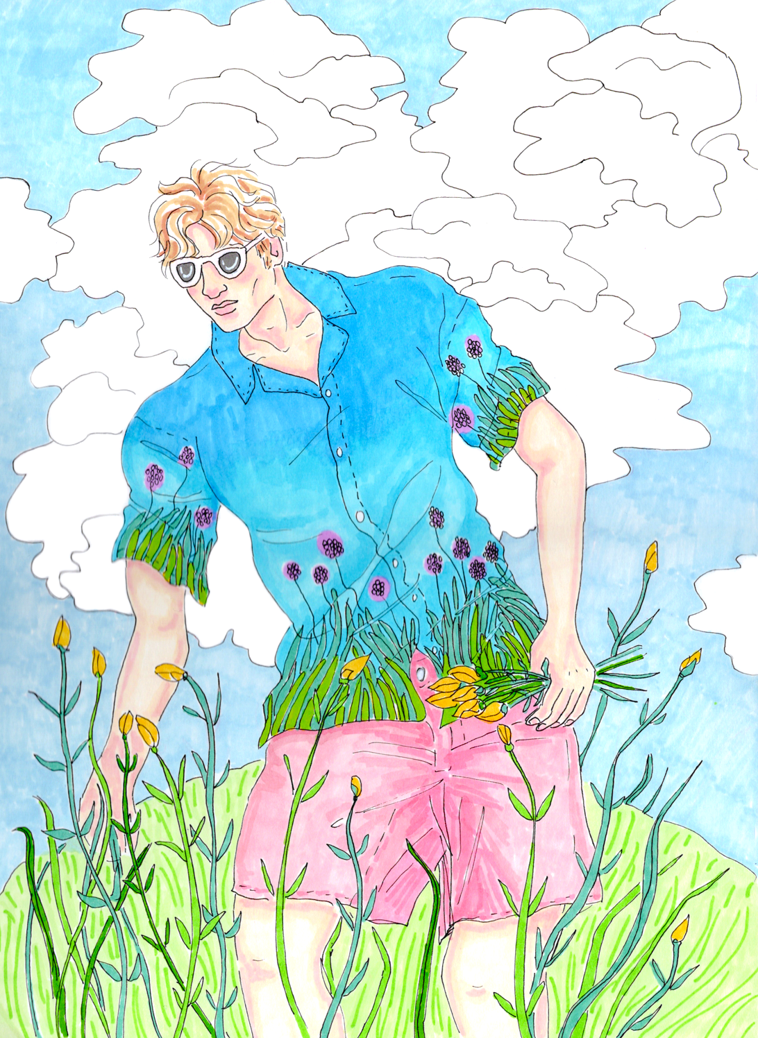 man picking flowers lifestyle fashion illustration by Seb Black