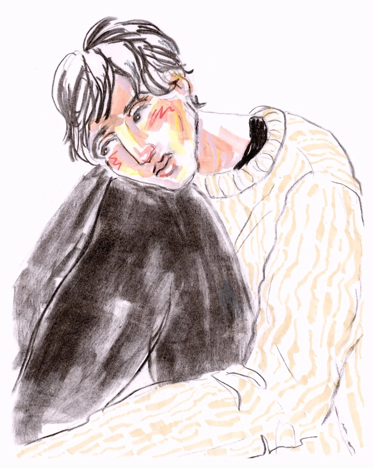 fashion portrait illustration of black-haired man in a pale champagne pullover drawn in mixed media charcoal, pastels, and acrylic markers by Seb Black