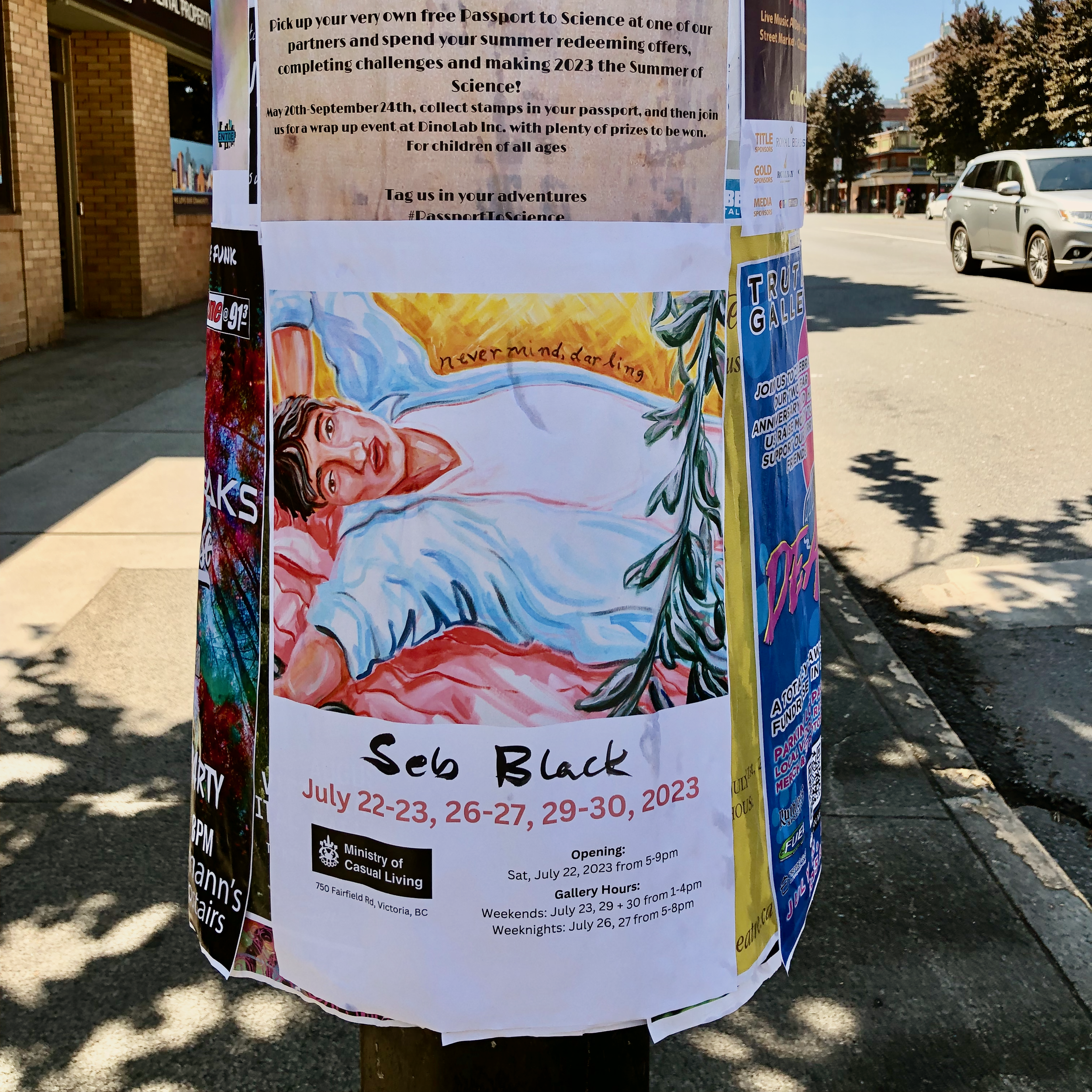 Never Mind Darling exhibition poster for solo show by Seb Black in Victoria, BC, Canada
