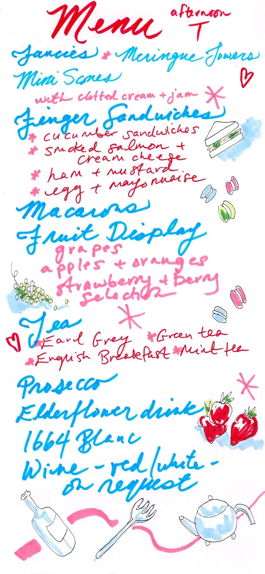 Illustrated menu with food sketches for an afternoon tea in London, with strawberries, macarons, sandwiches, grapes by Seb Black