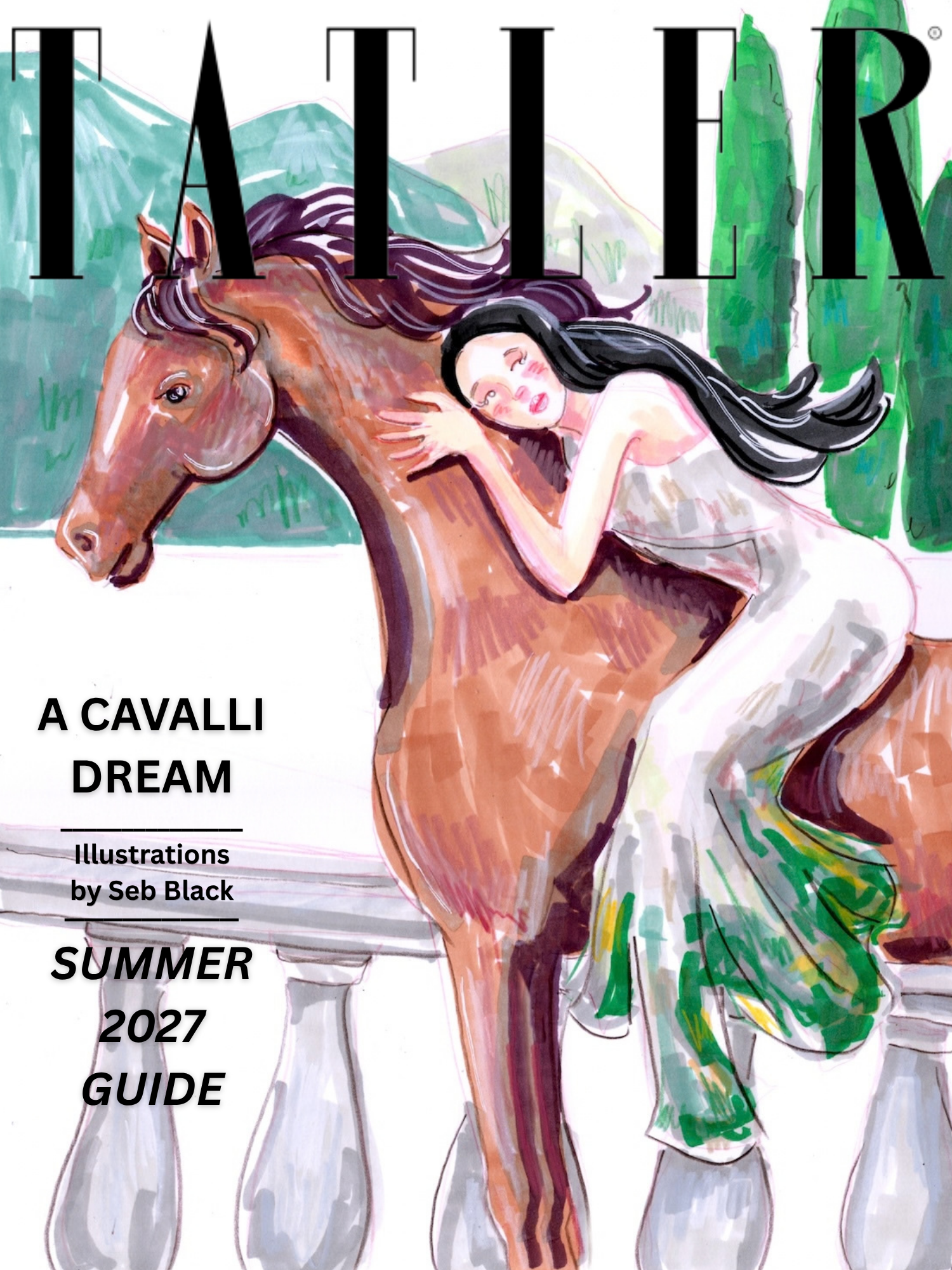 illustrated fashion magazine cover mock up of Cavalli Spring 2027 dress on horseback in Italy by Seb Black