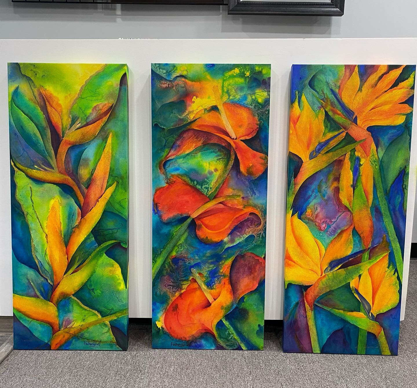 Expert canvas stretching on this gorgeous trio by Hawaiian artist. Mirrored gallery wrap carries art onto side panels. 16 x 40&rdquo; each. #smallbusiness #belairmaryland #mainstreetbelair #supportlocal #harfordcounty