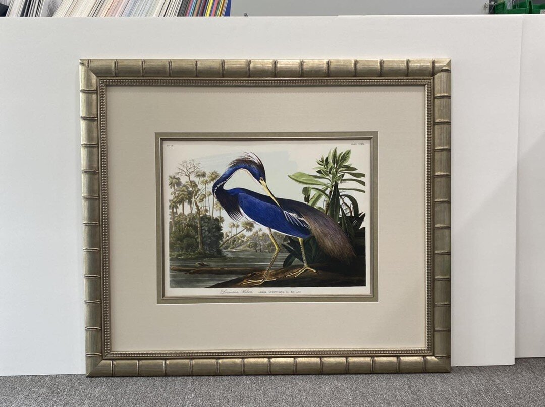 Extra wide neutral specialty mats with silver gold fillet make this Heron absolutely pop on the dark blue wall. Asian style frame gives the perfect flare for the focal point. #harfordcounty #belairmd #smallbusiness #localbusiness #mainstreetbelairmd 