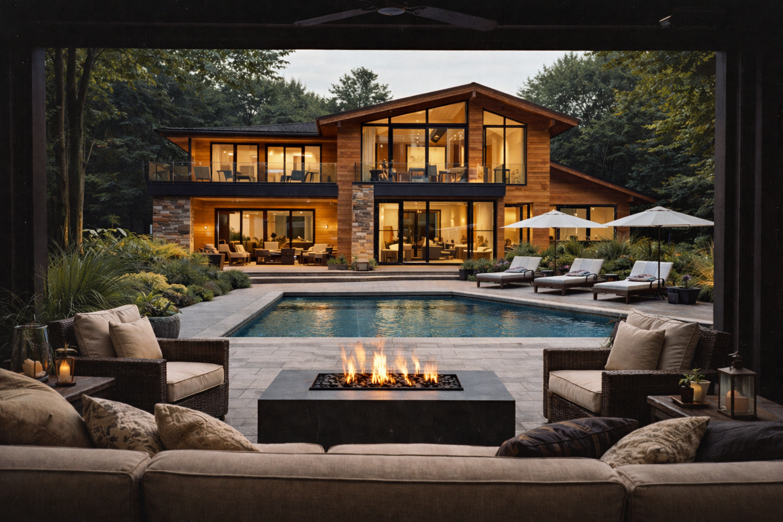 Evening poolside retreat with modern decor.png