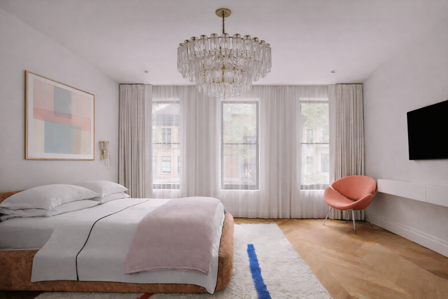 Elegant bedroom with Murano chandelier.png