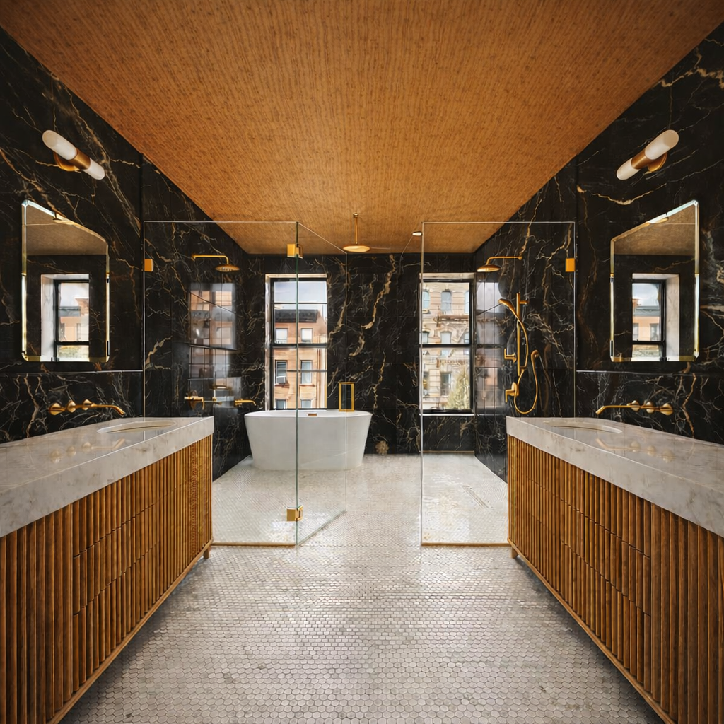 Symmetrical luxury bathroom with brass accents.png