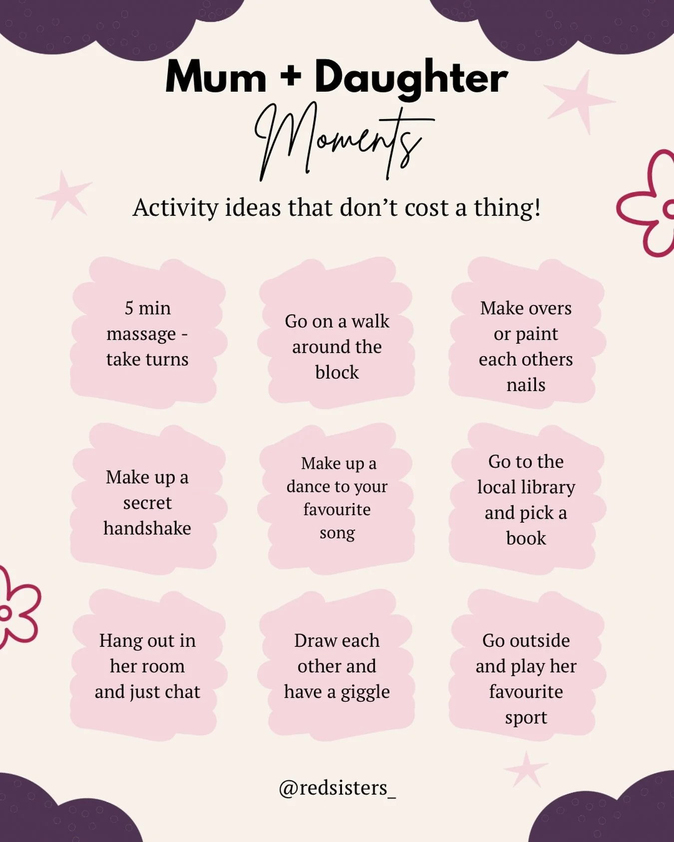 Life gets busy. There always seems to be something to do.

But you never regret those little moments spent together 👯&zwj;♀️ 

Even if it&rsquo;s just 15 minutes. No phones. Just you and her. 

Here are a few ideas 💕 @redsisters_ 

#raisinggirls#mu