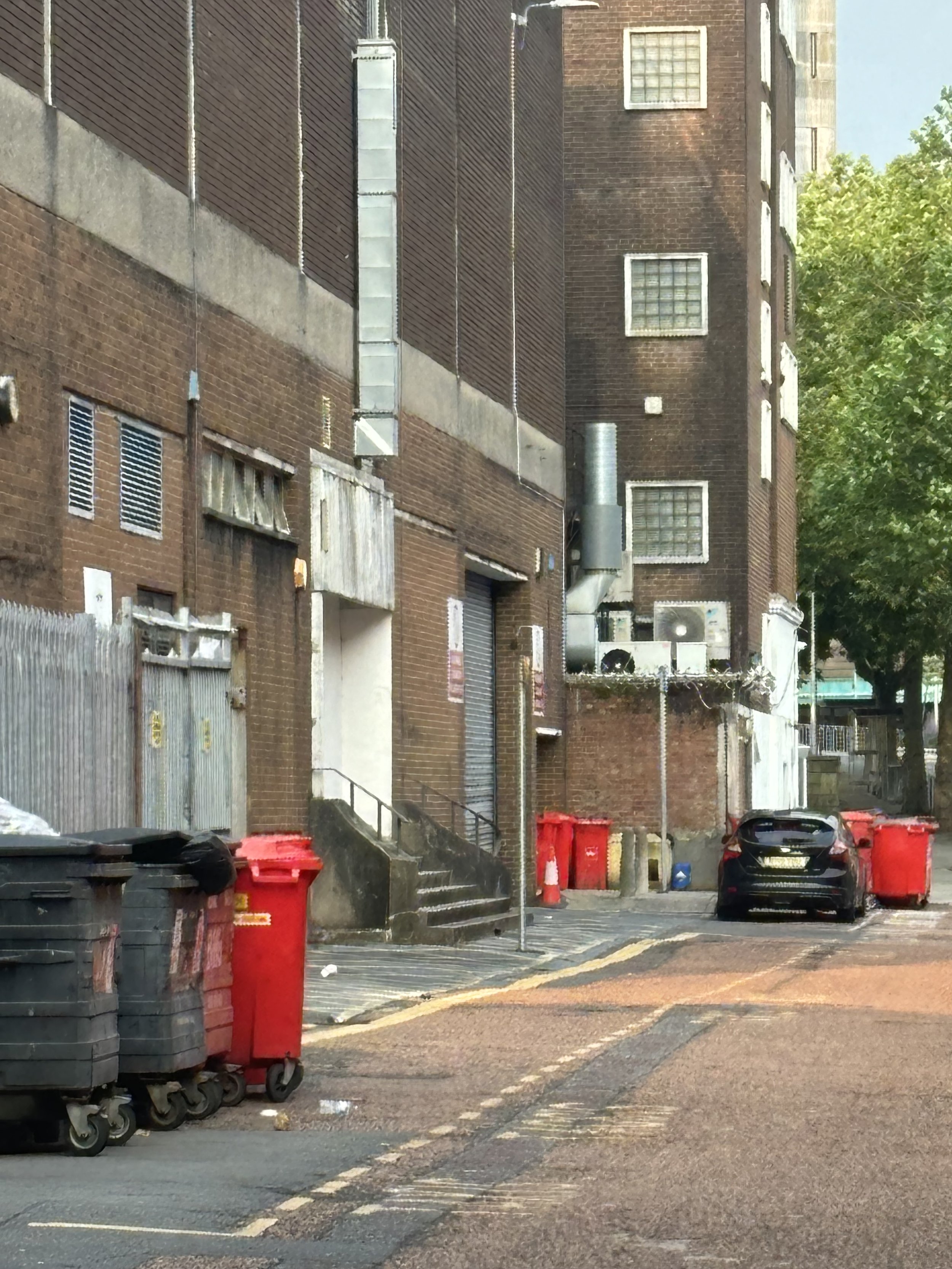 AN AREA DIRECTLY OPPOSITE THE WALKWAY FROM THE CITY DOWN TO PARC TAWE. AN ARRAY OF CHIMNEYS, PIPES, HOT/COLD BLOWER AND RECYCLING BINS. ALL LOOK SCRUFFY AND ENOUGH TO MISDIRECT PEOPLE AWAY
