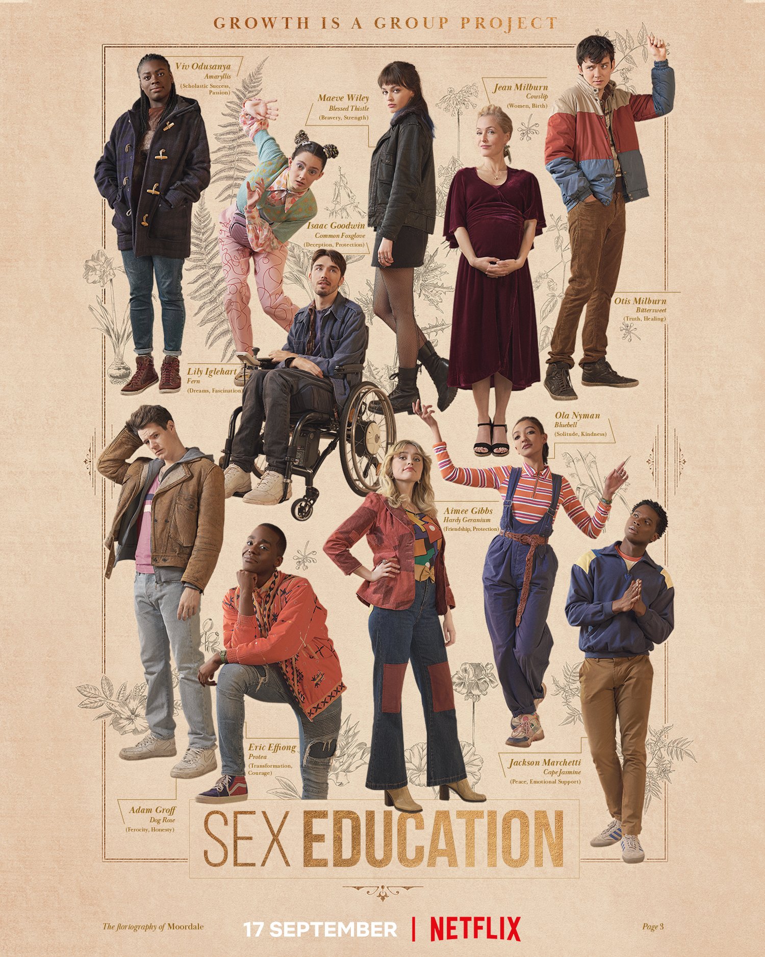 A poster of the cast of Sex Edcucation Season 3 against an off-white background 