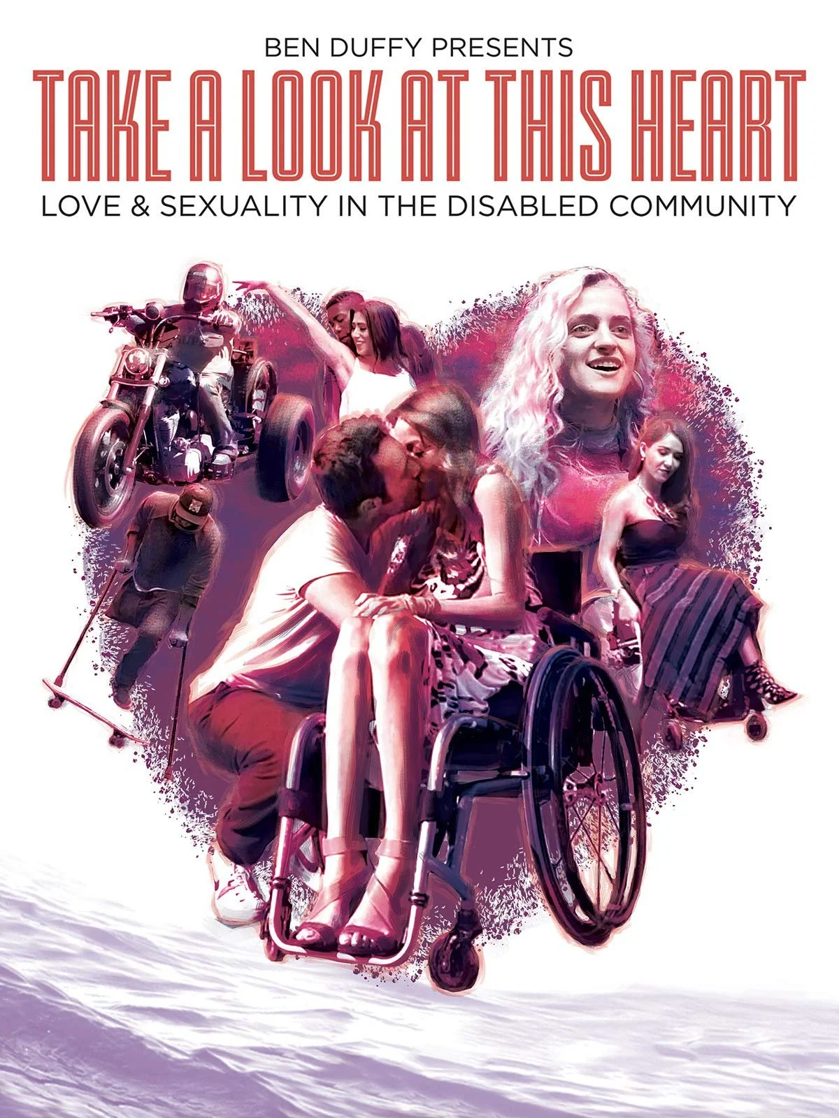 A graphic of a purple heart fills the centre of the image - this is comprised of couples who are featured in the film. In read text the title reads ‘Take a look at this heart’ with the subtitle in black text below it at the top of the image