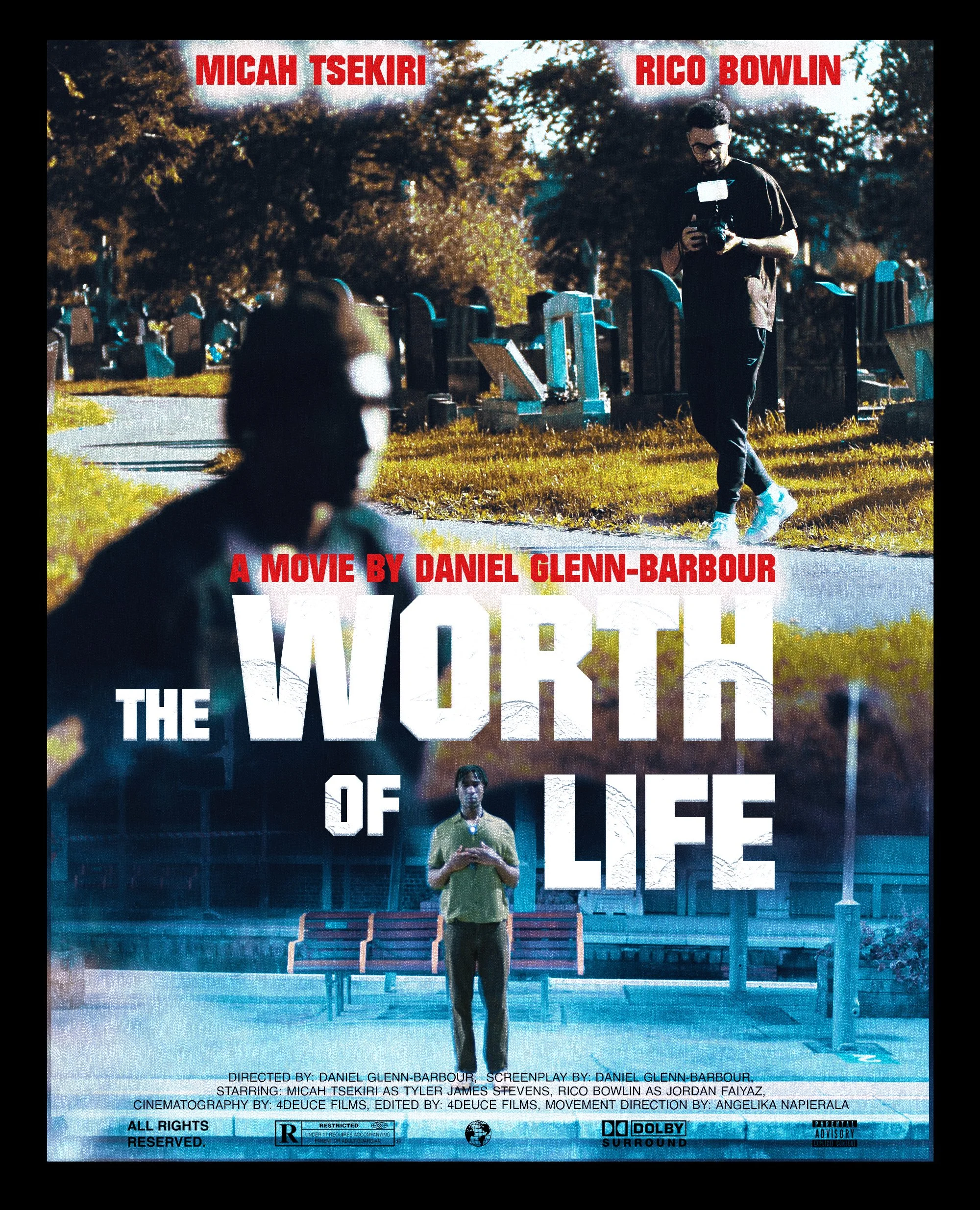 Movie poster titled 'The Worth of Life' featuring images of two men, one standing with a camera in a cemetery and the other standing at a park, with cast and crew details at the bottom.