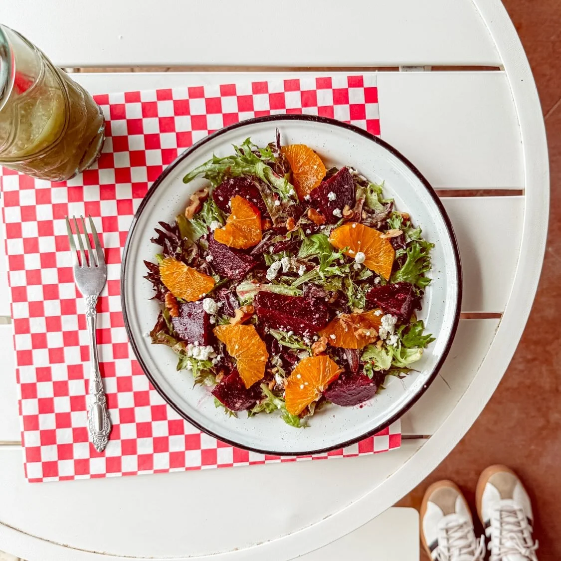 Last call for this insanely tasty September Special! Our Roasted Beet Salad with orange segments, toasted walnuts, purple onions, fresh mint, goat cheese, and lemon- tahini vinaigrette drizzled on top.  Add roasted salmon for some over the top goodne