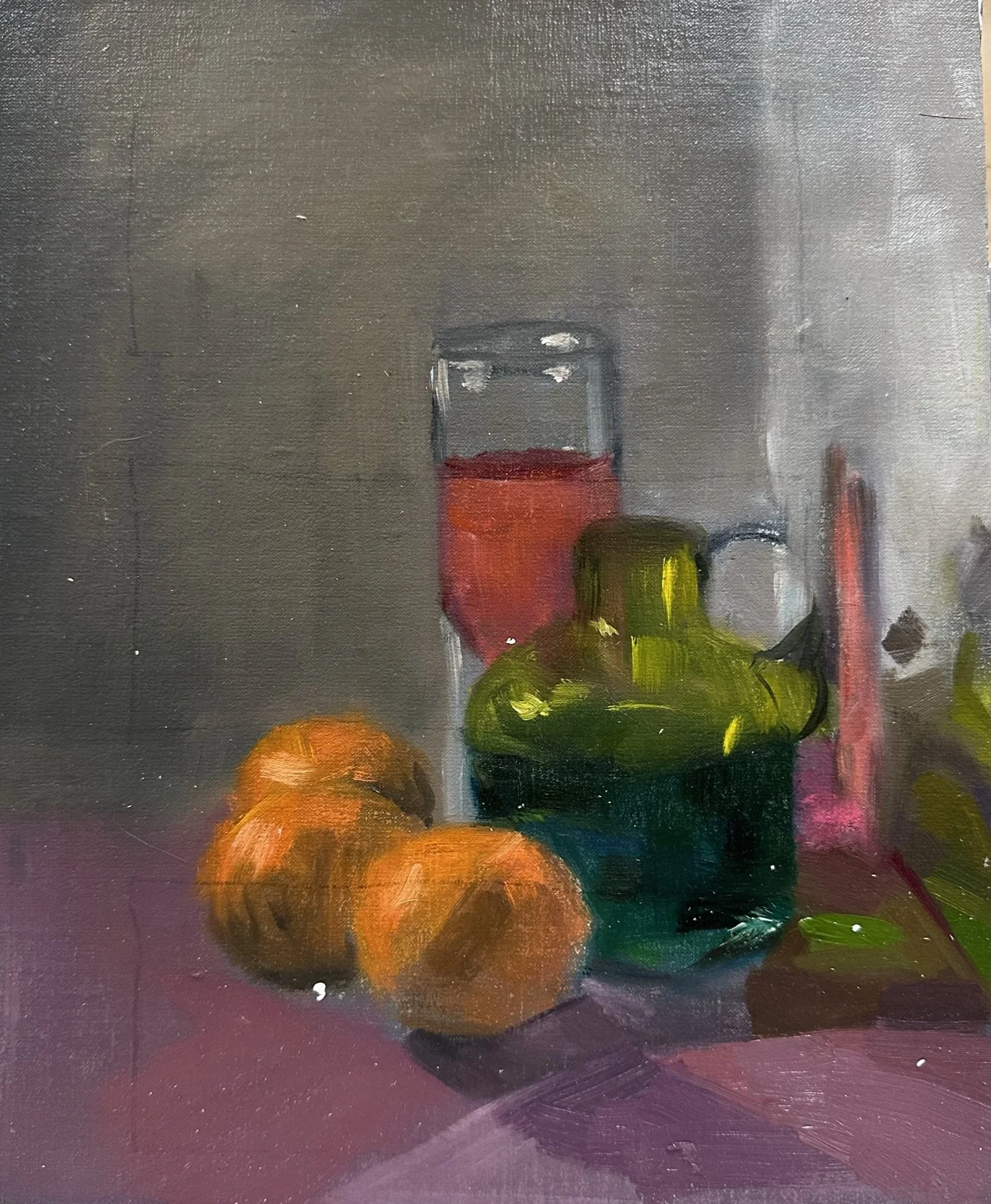 Painting of fruits and a glass with red liquid on a purple table, with a gray background.