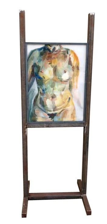 Autobuste N°3 - olieverf op polyester, glas en staal - 59 x 51 x 165 cm