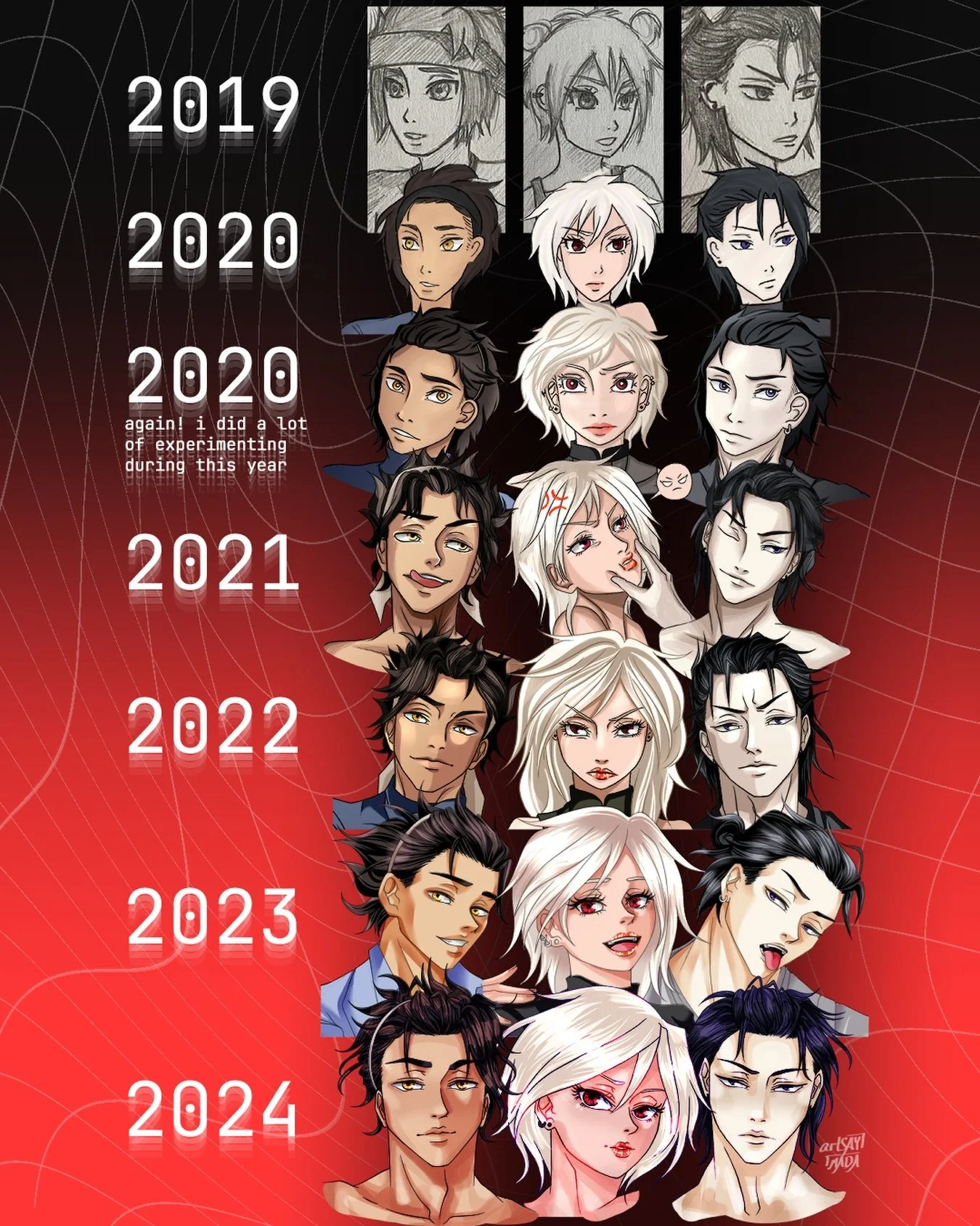 Art Progress from 2019 to now 💥 I&rsquo;ve never shared the full evolution in a post, so voil&agrave;!
.
NIN have been with me since the very beginning of my art journey. As they evolve over time, so does my vision, and I always work toward and look