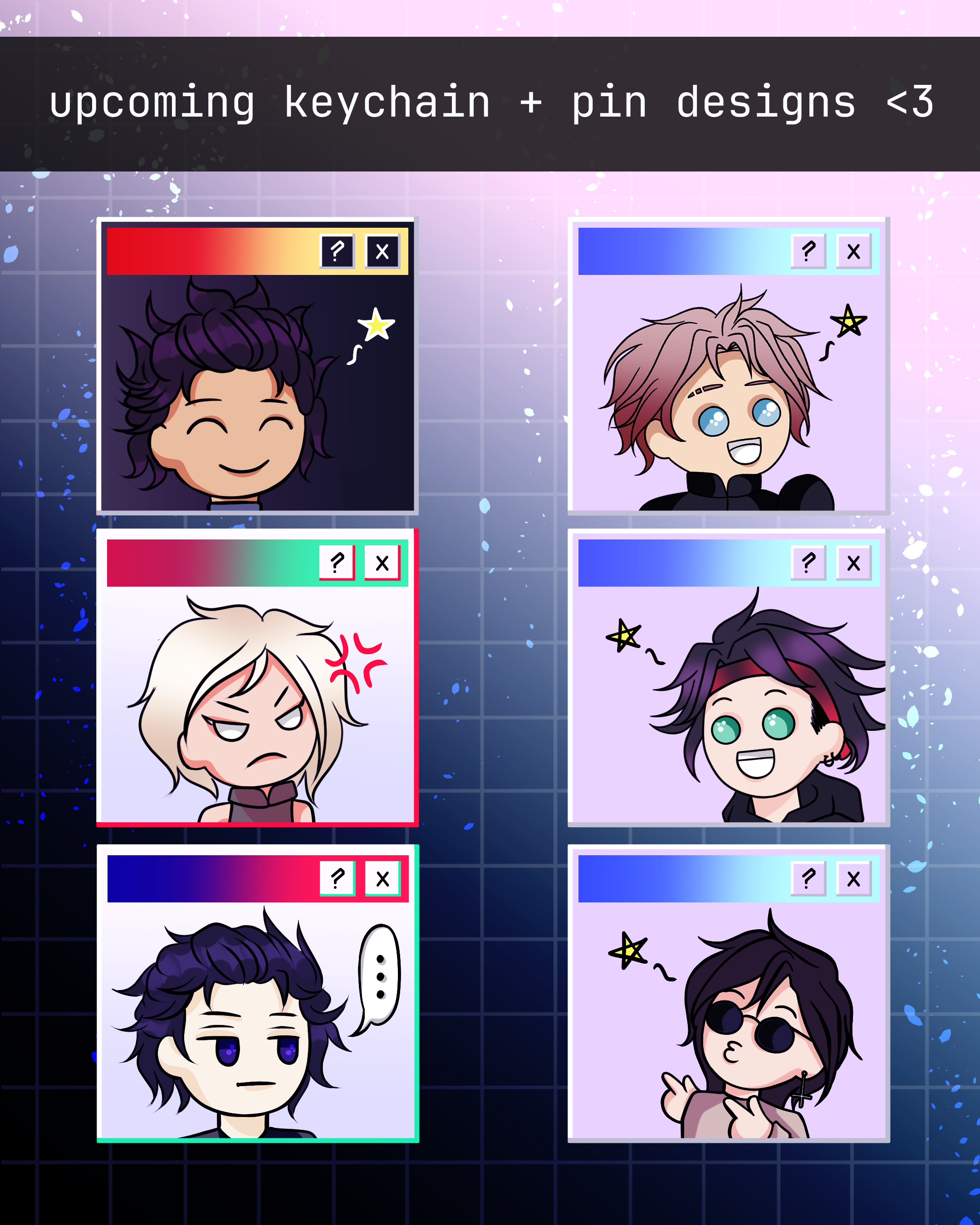 1.5" x 1.5" keychains and pins, available in june 2026!