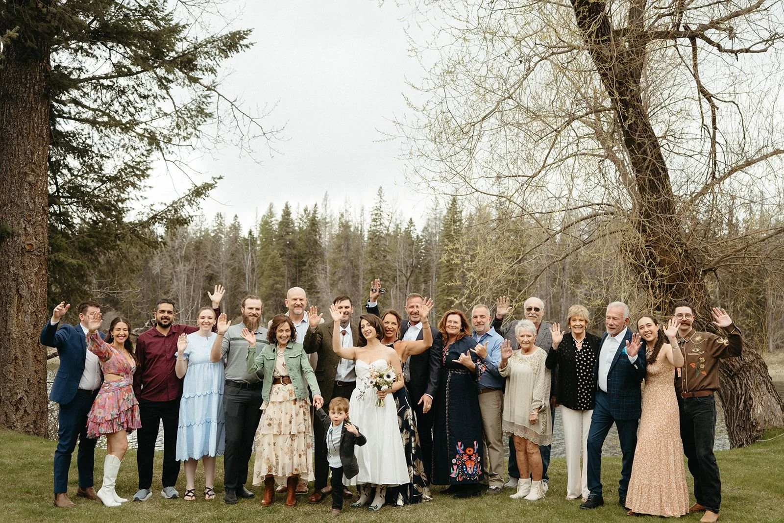 full Fmaily at a destination wedding at the Swan River in bigfork MOntana