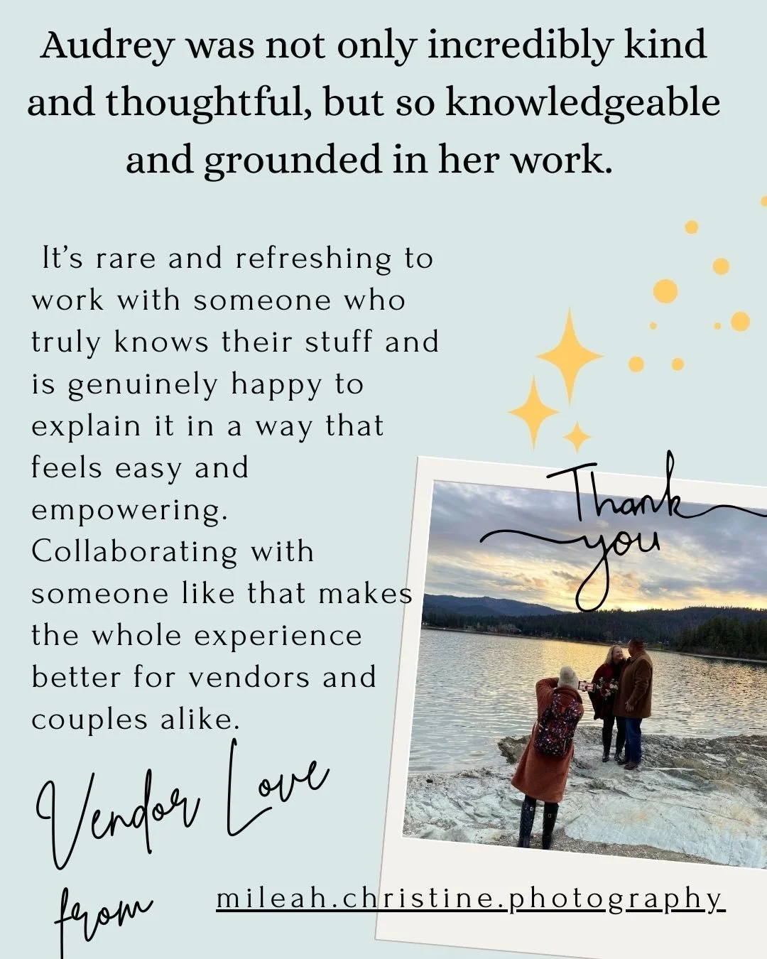 I was so touched by this generous praise from this wedding day&rsquo;s photographer, @mileah.christine.photography 
✨  She was super attentive, helped the couple relax into themselves after a day of rocky travel and captured them at their best.

Here