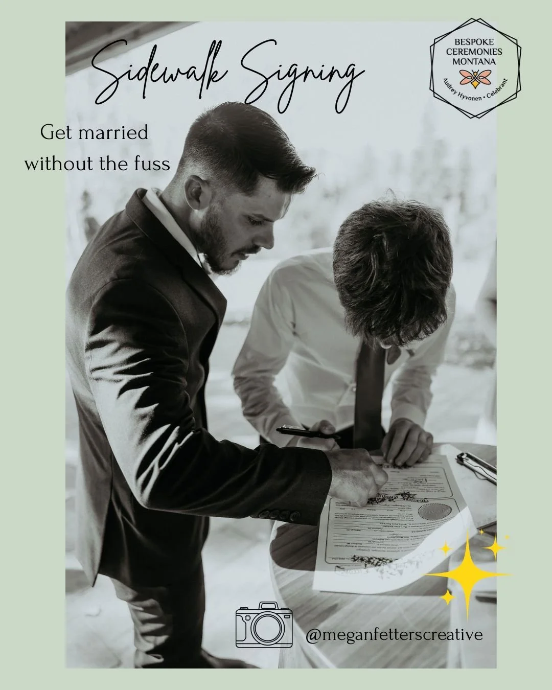 All you need to know about the &ldquo;Sign and Go!&rdquo;- a quick and easy way to get married in Montana

Whether you call it a Brief Sidewalk Signing, a Drive-Thru-wedding, a Las Vegas style elopement, a &ldquo;Sign and Go!&rdquo;, a civil wedding 