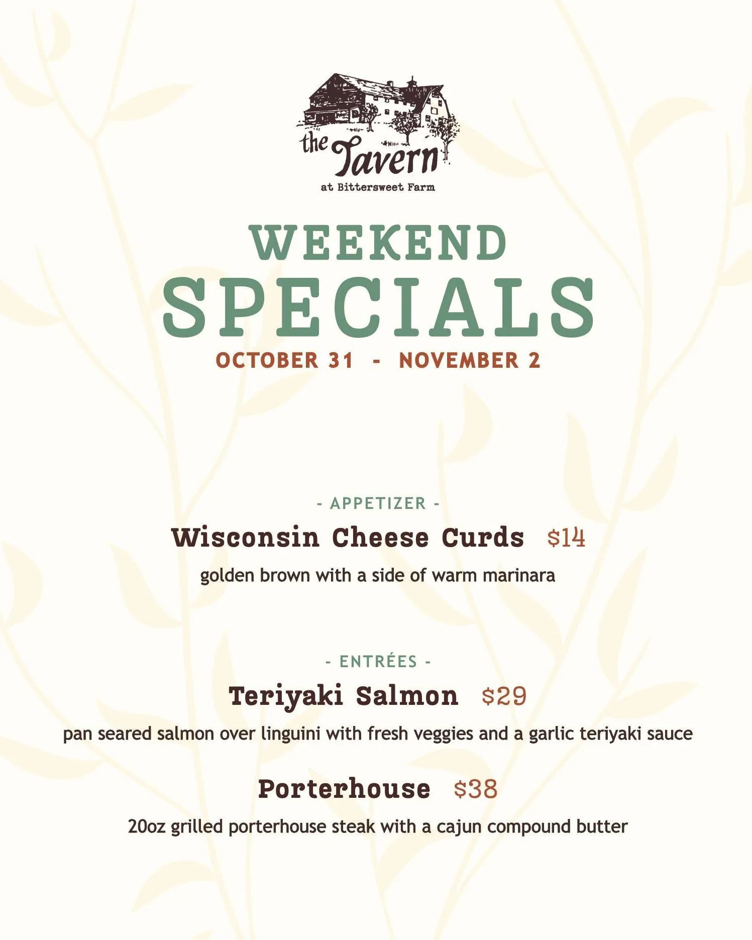 Dinner Specials 10.31 - 11.2

Have a safe and happy Halloween! 👻