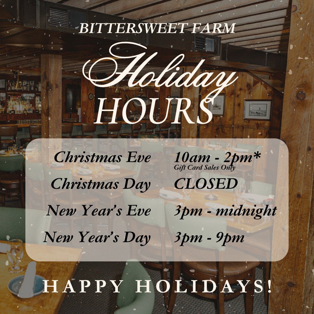 Happy Holidays! 🎄✨

We'll have Main Floor and Tavern dining available until 10pm New Year's Eve with the bar open until after midnight to ring in the new year! Plus live music from Bad Penny starting at 8:30pm. 🎉

To reserve a table for New Year's 