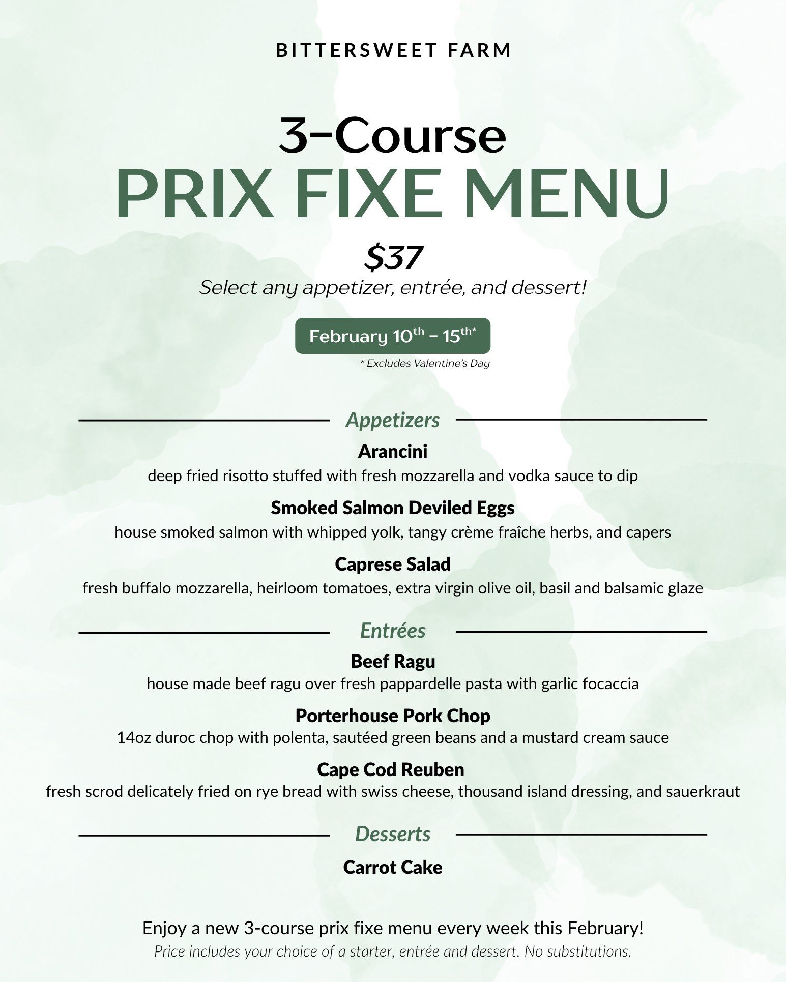 Week 2 Prix Fixe Menu! 🍴 Not available on Valentine's Day, but we've got a special menu for you on the 14th. 

Also keep in mind we have Main Floor dining available  Thursday - Saturday this week!