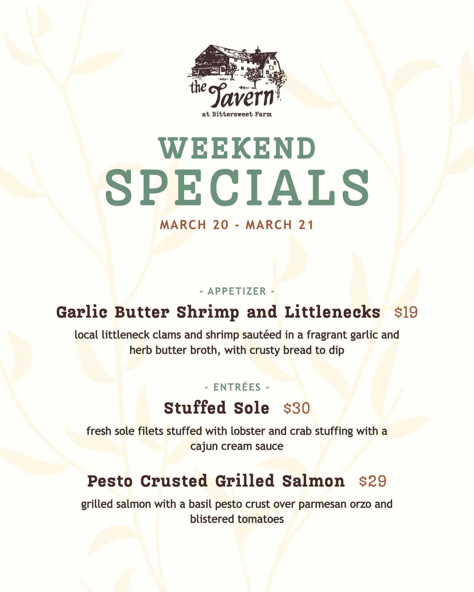 Happy Friday! Enjoy our weekend specials tonight and tomorrow.

Keep in mind the Tavern will be closed this Sunday (3/22) as we host our Grand Tasting Event.