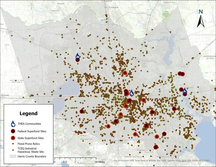 Map of Harris County showing THEA Communities in blue and red, federal superfund sites in dark red, state superfund sites in orange, flood prone relics in light orange, and TCEQ industrial hazardous waste sites in green, with Harris County boundary outlined.