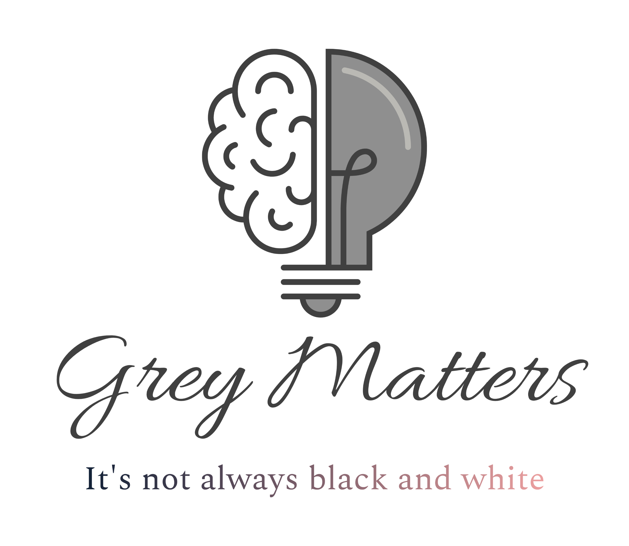 Logo with a stylized brain and light bulb icon, with the text 'Grey Matters' and the tagline 'It’s not always black and white'