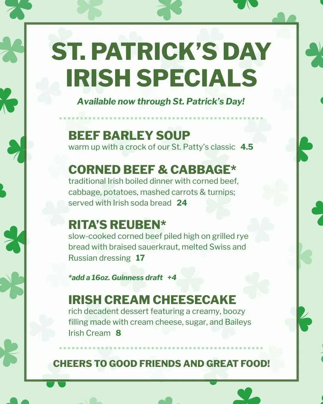 🍀 Now serving St. Patrick's Day Irish Specials! ☘️