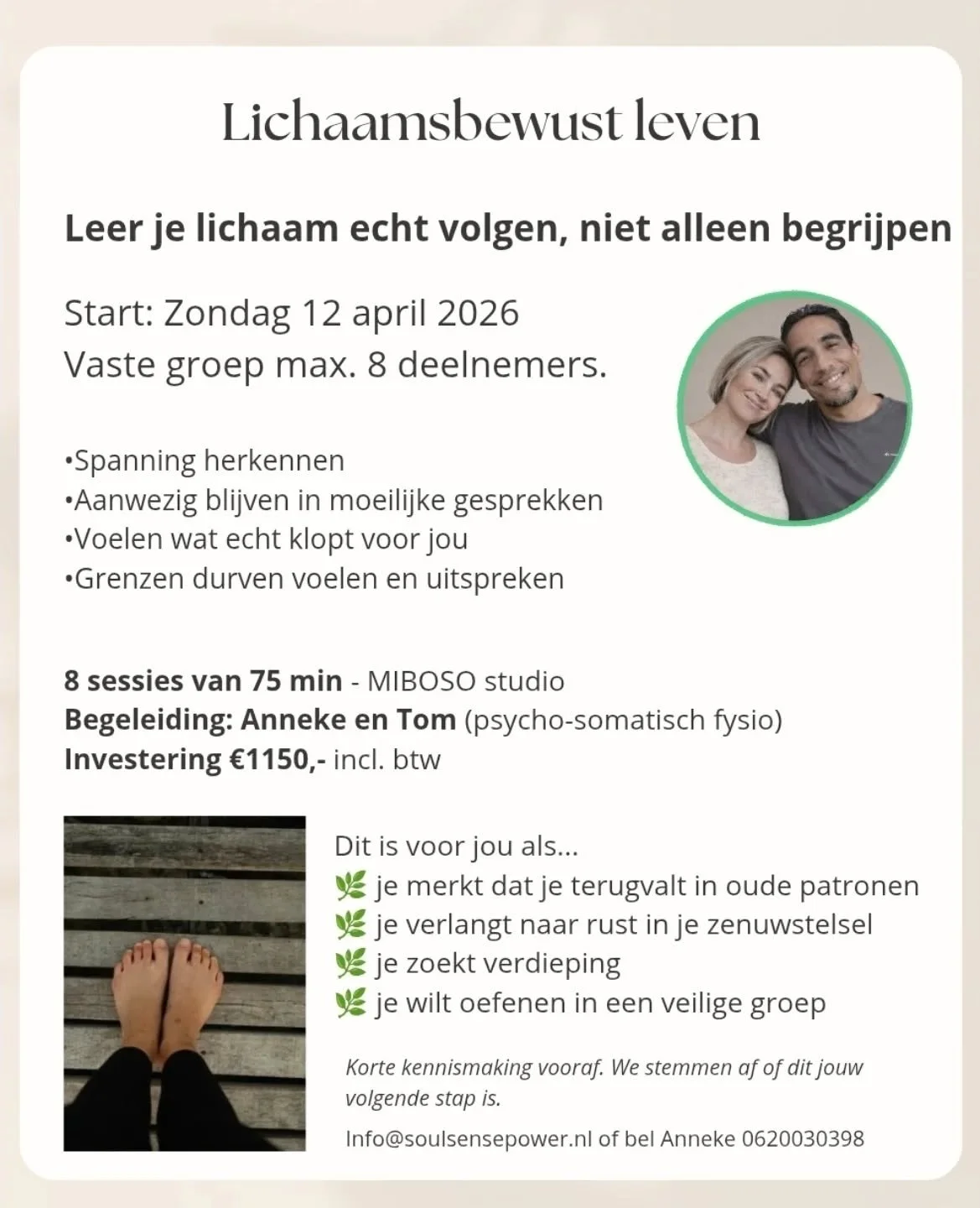 Je hoofd begrijpt vaak al genoeg.
Maar je lichaam spreekt een andere taal.

In Lichaamsbewust Leven werken we met
muziek, (onbevangen)beweging, lichaamswerk,  opstellingen en ervaringsgerichte oefeningen.

Niet nog meer praten.
Maar voelen, reguleren