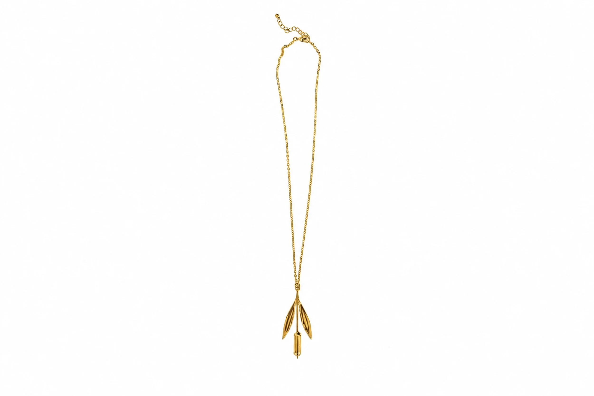 Close-up of the reed necklace, showing the pattern and gold finish