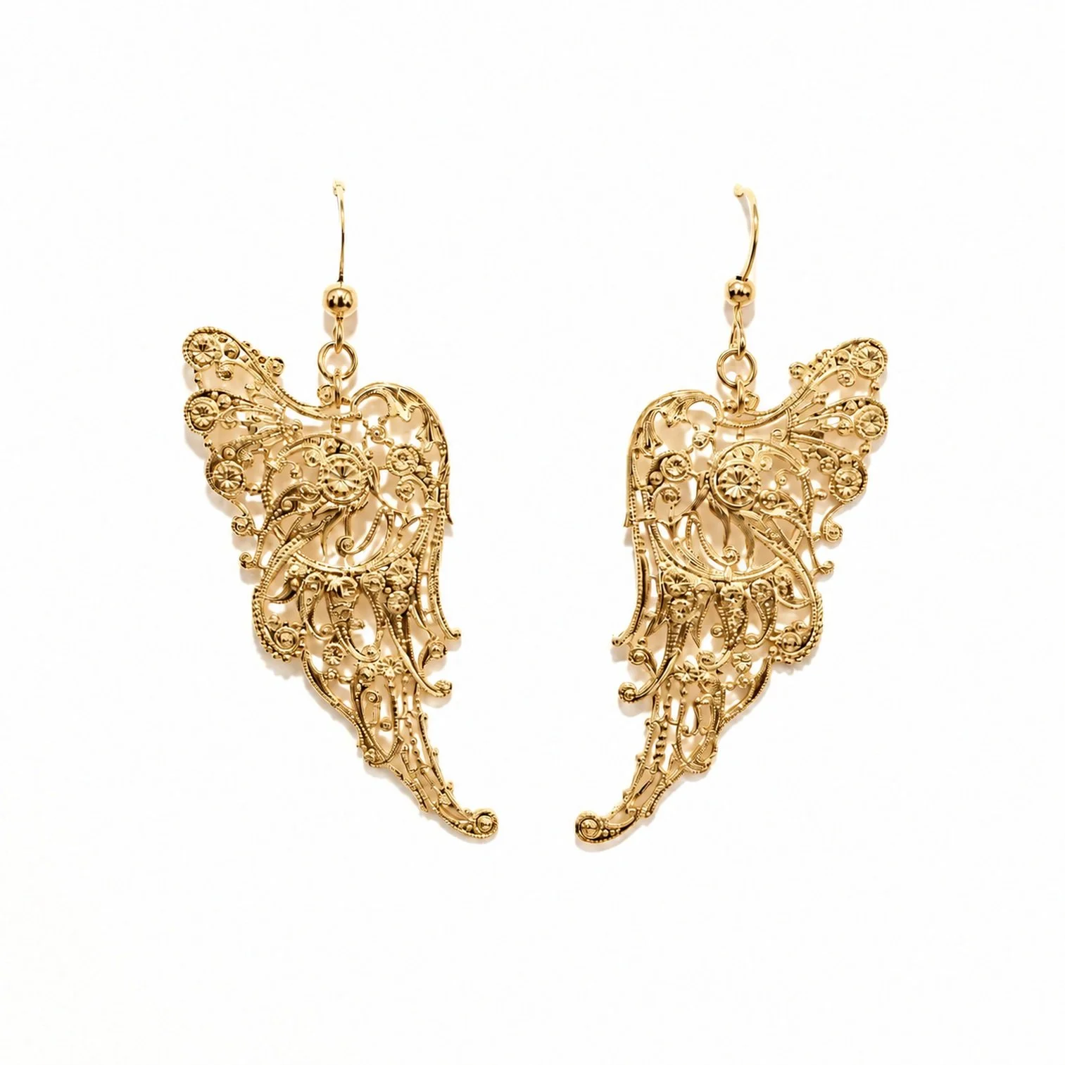 Filigree wing earrings in brass gilded with 24-karat fine gold, featuring an openwork wing design