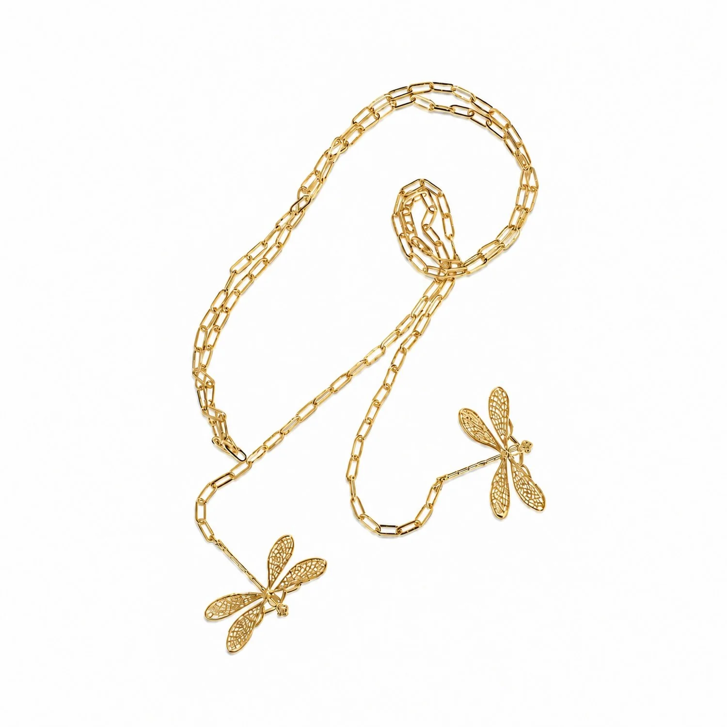 Close-up of the dragonfly scarf necklace, showing the pattern and gold finish