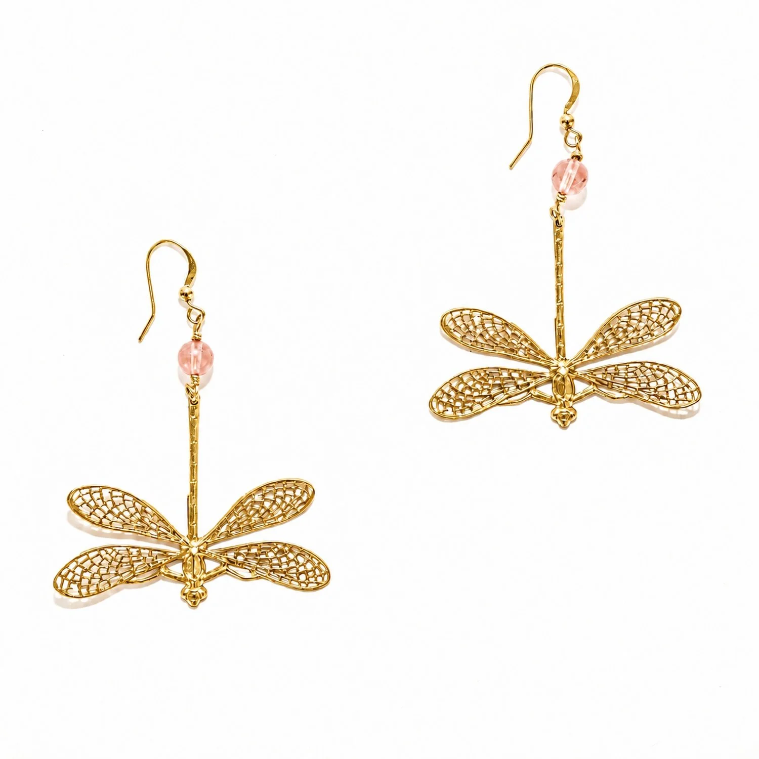 Close-up of the rose quartz dragonfly earrings, showing the design and gold finish in detail
