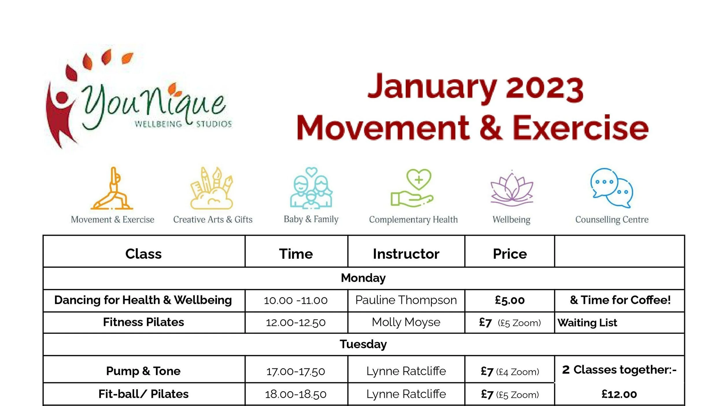 January 2023 Movement & Exercise Timetable
