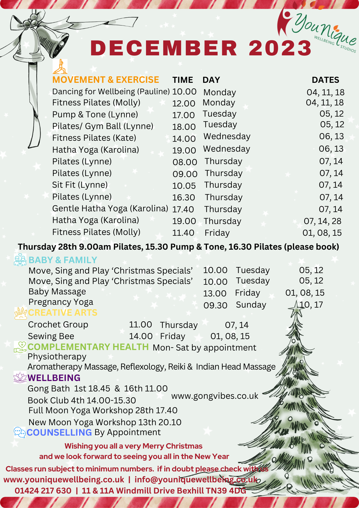 December Timetable — YouNique Wellbeing