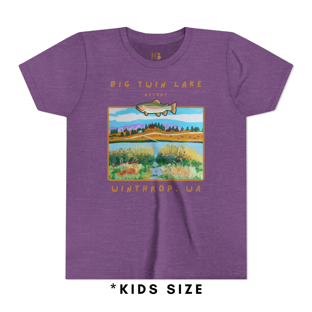 Purple kids' T-shirt featuring a graphic of Big Twin Lake Resort in Winthrop, Washington, with a fish and a landscape scene.