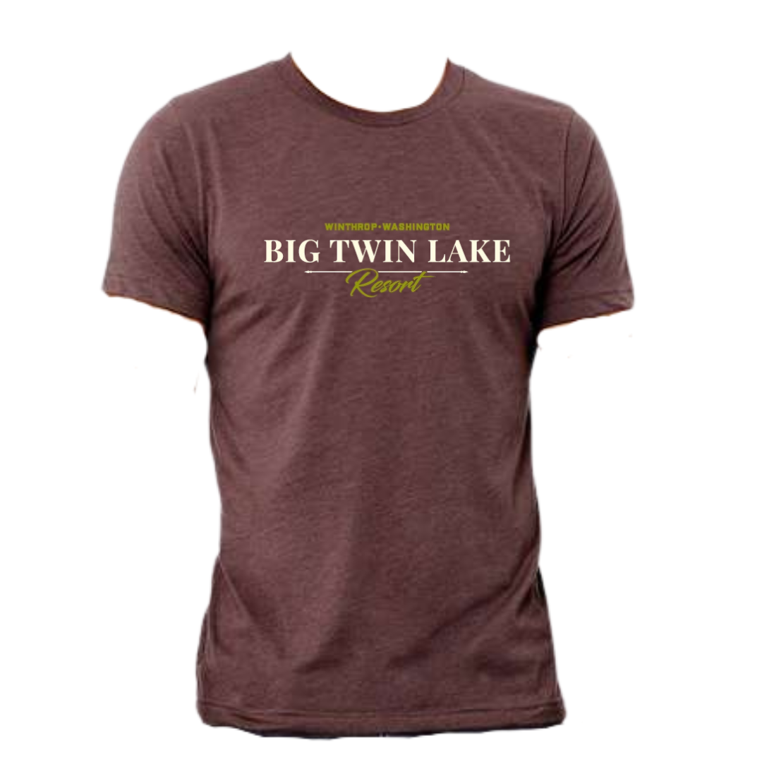 Maroon T-shirt with white and green text for Big Twin Lake Resort in Winthrop, Washington.