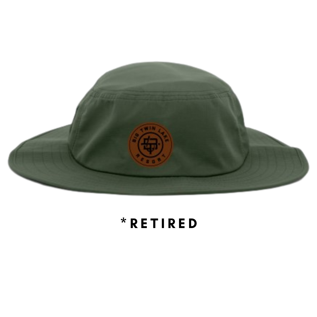 Green wide-brim hat with a black and orange circular logo reading "Big Twin Lake Resort"