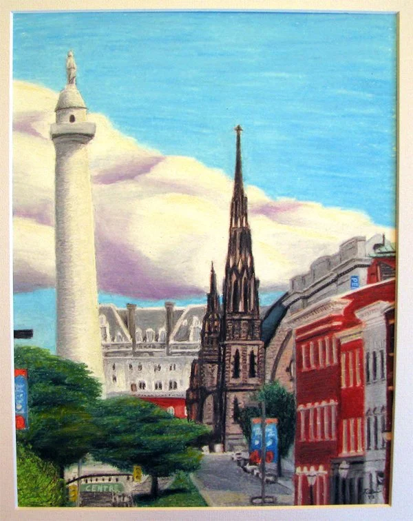 Oil pastel drawing - Mt Vernon in Baltimore City. Drawn on 14 inch x 11 inch Bristol Vellum.